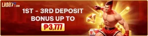 first to third deposit bonus up to P3,777 at Laro77 Casino